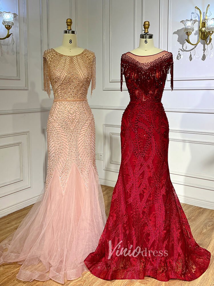 Beaded Pink Lace Mermaid Prom Dresses Red Pageant Dresses 20023-Evening Dresses 2025 -Viniodress-As Picture-US 2-