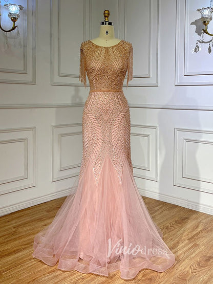 Beaded Pink Lace Mermaid Prom Dresses Red Pageant Dresses 20023-Evening Dresses 2025 -Viniodress-Pink-US 2-