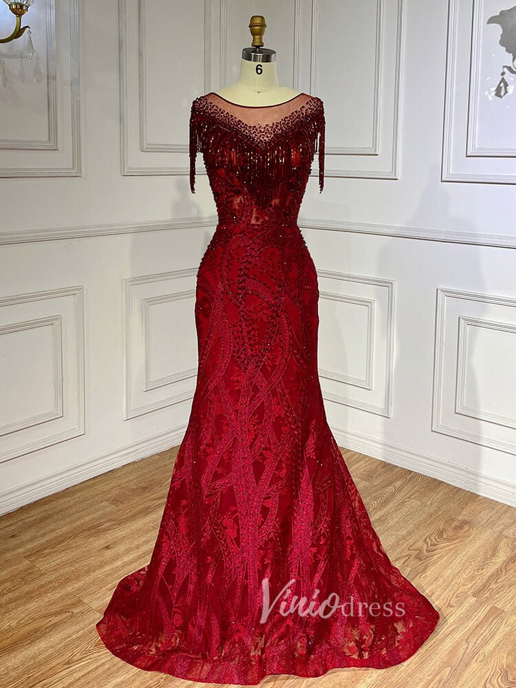 Beaded Pink Lace Mermaid Prom Dresses Red Pageant Dresses 20023-Evening Dresses 2025 -Viniodress-Red-US 2-