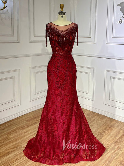 Beaded Pink Lace Mermaid Prom Dresses Red Pageant Dresses 20023-Evening Dresses 2025 -Viniodress-Red-US 2-