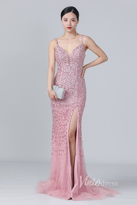 Beaded Pink Sheath Prom Dress with Slit V-neck Long Evening Dress FD2785-Evening Dresses 2025 -Viniodress-Pink-US 2-