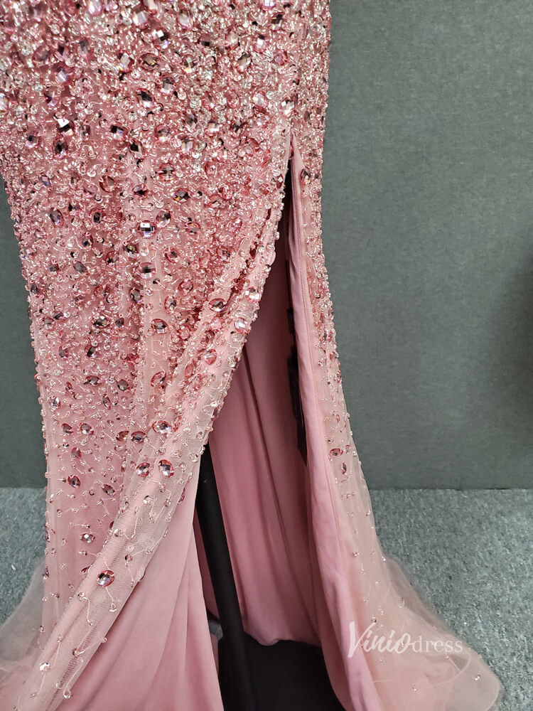 Prom Dress 2025 Beaded Pink Sheath Prom Dress with Slit V-neck Long Evening Dress FD2785-unique prom dresses-Pink-US 2-Viniodress