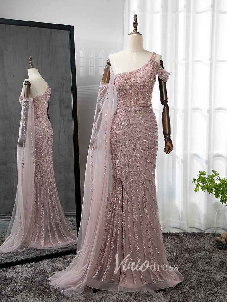 Beaded Prom Dressses Watteau Train Cape Pageant Evening Dress 20002-Evening Dresses 2025 -Viniodress-Pink-US 2-