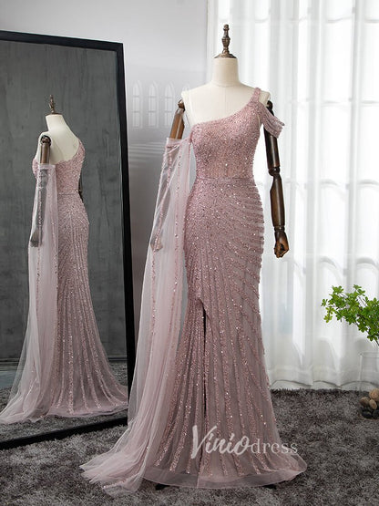 Beaded Prom Dressses Watteau Train Cape Pageant Evening Dress 20002-Evening Dresses 2025 -Viniodress-Pink-US 2-