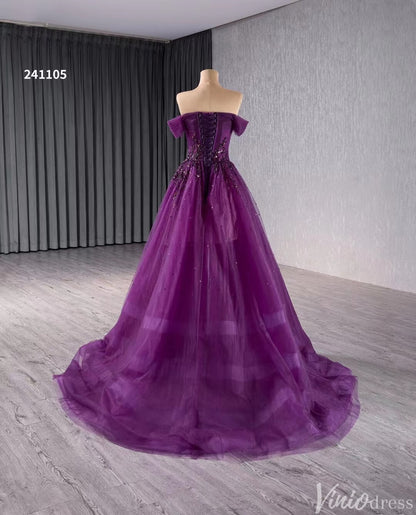 Beaded Purple Tulle Prom Dresses Off the Shoulder Formal Gowns 241105-Prom Dresses 2025 -Viniodress-Purple-Custom Size-
