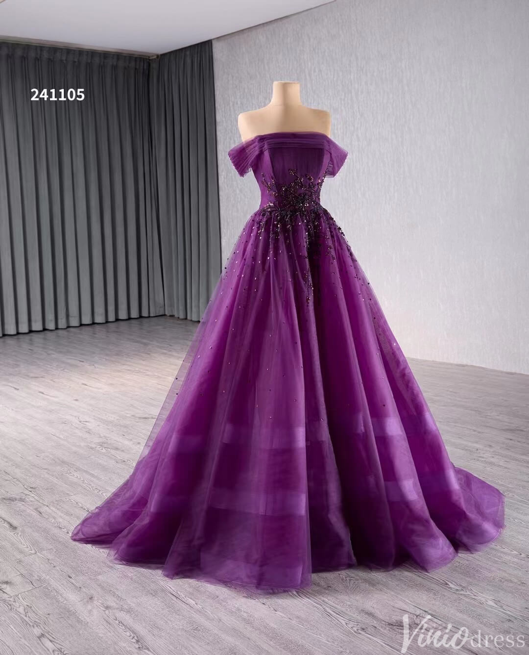Beaded Purple Tulle Prom Dresses Off the Shoulder Formal Gowns 241105-Prom Dresses 2025 -Viniodress-Purple-Custom Size-