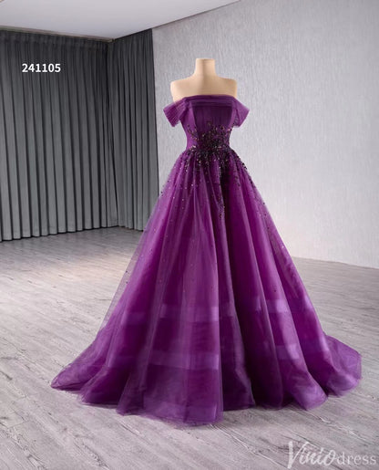 Beaded Purple Tulle Prom Dresses Off the Shoulder Formal Gowns 241105-Prom Dresses 2025 -Viniodress-Purple-Custom Size-