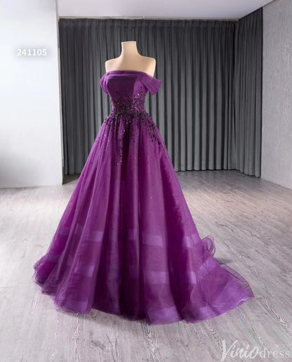Beaded Purple Tulle Prom Dresses Off the Shoulder Formal Gowns 241105-Prom Dresses 2025 -Viniodress-Purple-Custom Size-