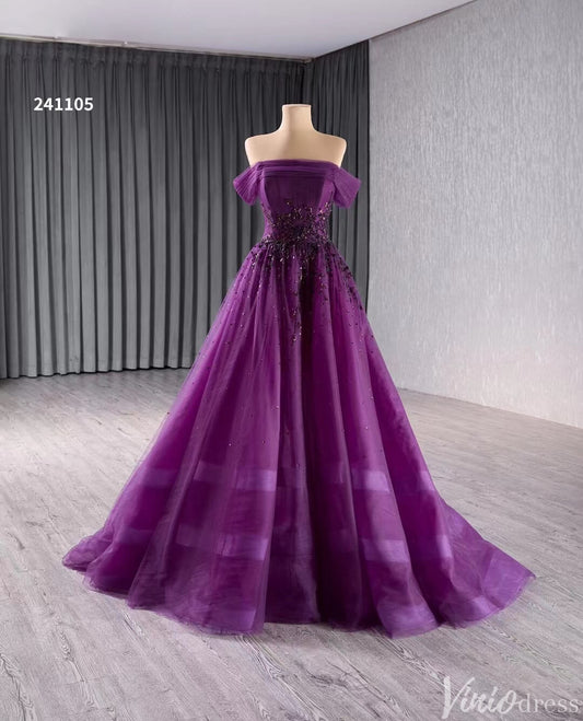 Beaded Purple Tulle Prom Dresses Off the Shoulder Formal Gowns 241105-Prom Dresses 2025 -Viniodress-Purple-Custom Size-