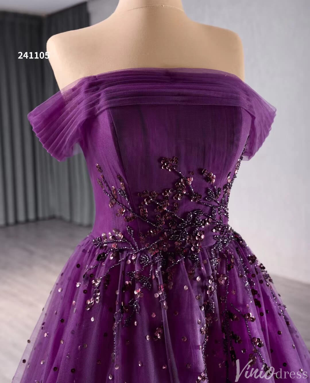 Beaded Purple Tulle Prom Dresses Off the Shoulder Formal Gowns 241105-Prom Dresses-Viniodress-Viniodress