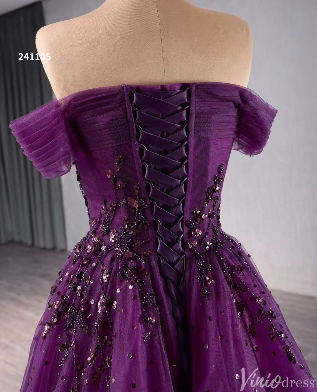 Beaded Purple Tulle Prom Dresses Off the Shoulder Formal Gowns 241105-Prom Dresses-Viniodress-Viniodress