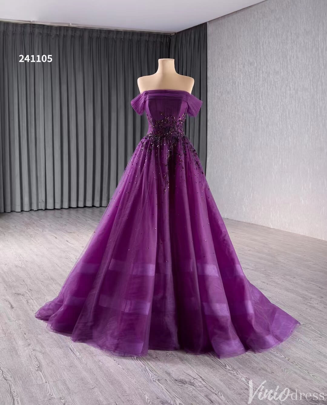 Beaded Purple Tulle Prom Dresses Off the Shoulder Formal Gowns 241105-Prom Dresses-Viniodress-Viniodress