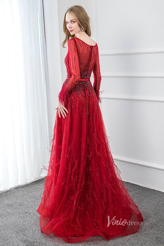 Beaded Red Feather A-line Prom Dresses Long Sleeve Evening Dress FD2809-Evening Dresses 2025 -Viniodress-Red-US 2-