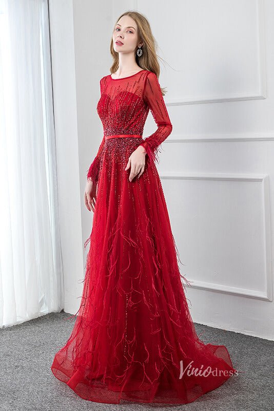 Beaded Red Feather A-line Prom Dresses Long Sleeve Evening Dress FD2809-Evening Dresses 2025 -Viniodress-Red-US 2-