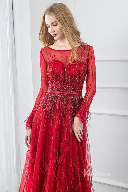 Beaded Red Feather A-line Prom Dresses Long Sleeve Evening Dress FD2809-Evening Dresses 2025 -Viniodress-Red-US 2-