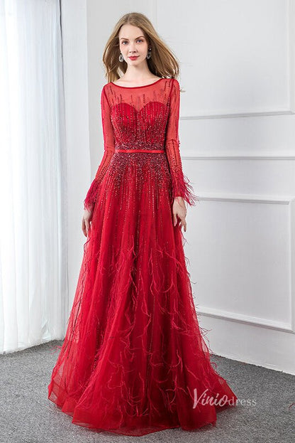Beaded Red Feather A-line Prom Dresses Long Sleeve Evening Dress FD2809-Evening Dresses 2025 -Viniodress-Red-US 2-