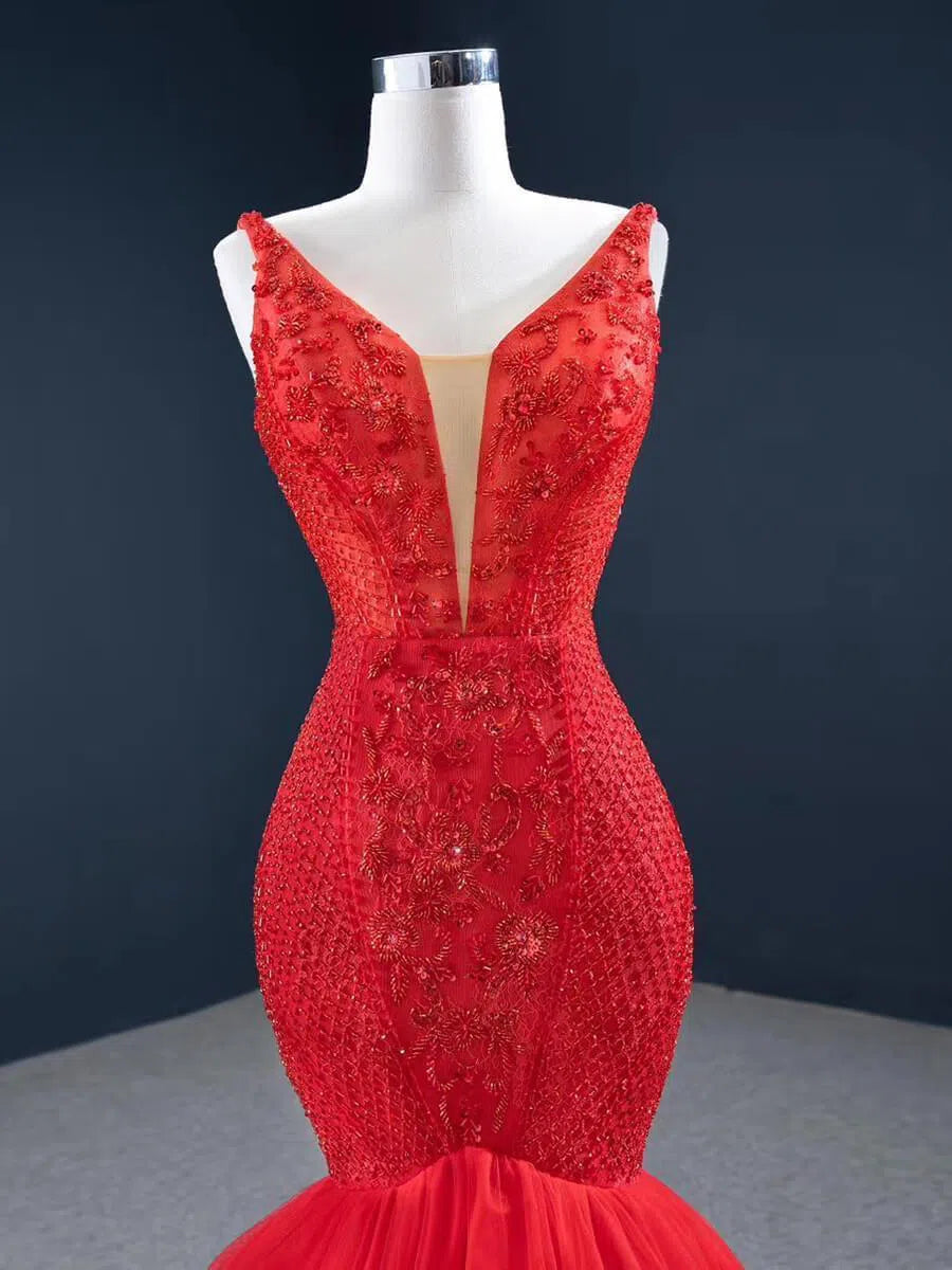 Beaded Red Mermaid Prom Dresses Plunging V-neck Formal Dress 67151 viniodress-prom dresses 2025 -Viniodress-Red-Custom Size-