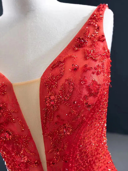 Beaded Red Mermaid Prom Dresses Plunging V-neck Formal Dress 67151 viniodress-prom dresses 2025 -Viniodress-Red-Custom Size-