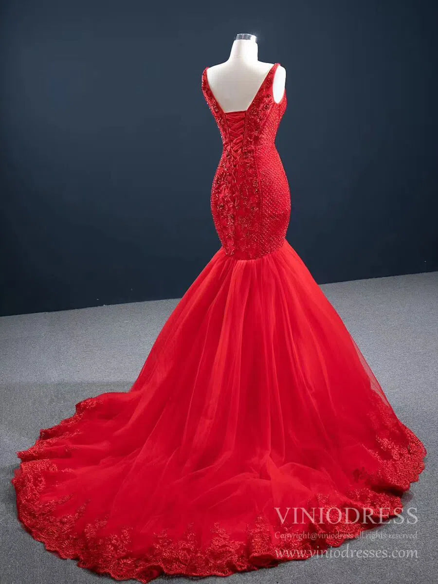 Beaded Red Mermaid Prom Dresses Plunging V-neck Formal Dress 67151 viniodress-prom dresses 2025 -Viniodress-Red-Custom Size-