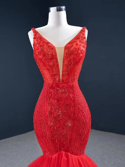 Beaded Red Mermaid Prom Dresses Plunging V-neck Formal Dress 67151 viniodress-prom dresses 2025 -Viniodress-Red-Custom Size-