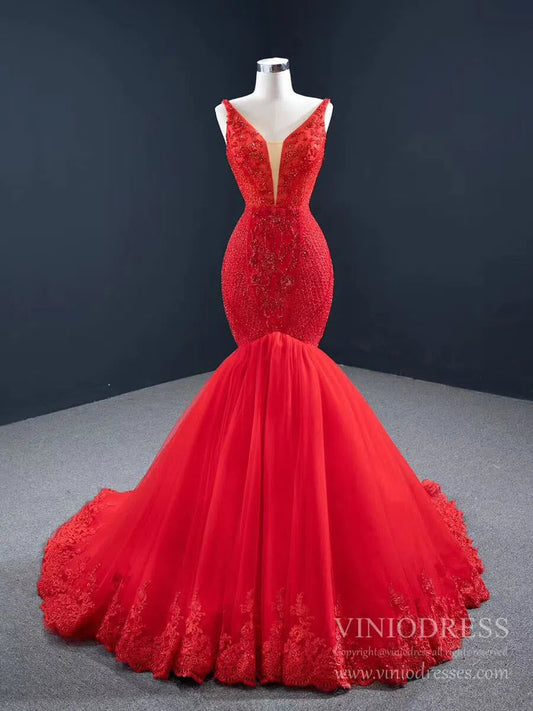 Beaded Red Mermaid Prom Dresses Plunging V-neck Formal Dress 67151 viniodress-prom dresses 2025 -Viniodress-Red-Custom Size-