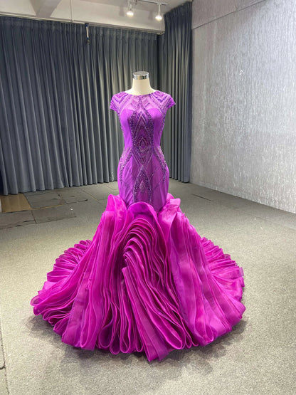Beaded Red Mermaid Wedding Dresses Open Back Cap Sleeve Pageant Dress FD1160-prom dresses 2025 -Viniodress-Magenta-Custom Size-