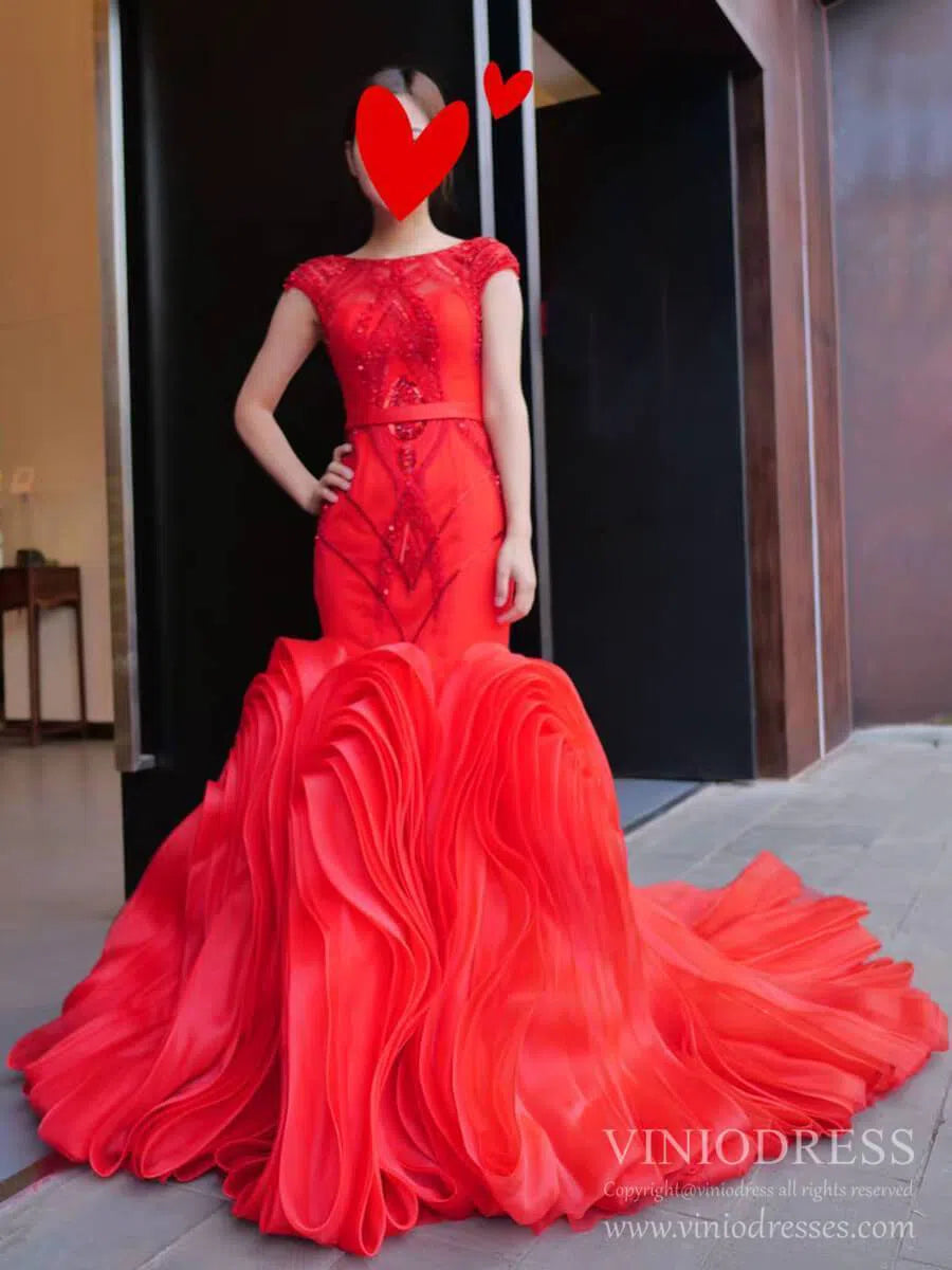 Beaded Red Mermaid Wedding Dresses Open Back Cap Sleeve Pageant Dress FD1160-prom dresses 2025 -Viniodress-Red-Custom Size-