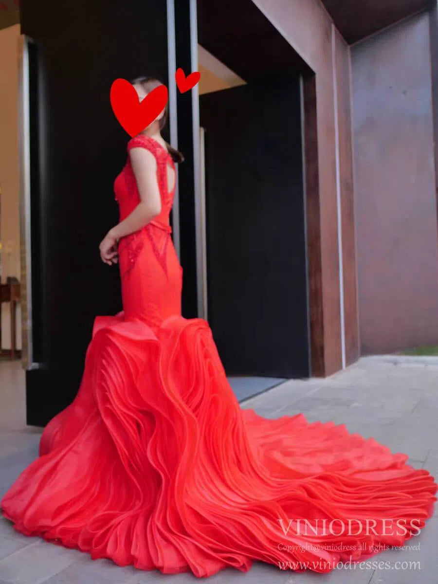 Beaded Red Mermaid Wedding Dresses Open Back Cap Sleeve Pageant Dress FD1160-prom dresses 2025 -Viniodress-Red-Custom Size-