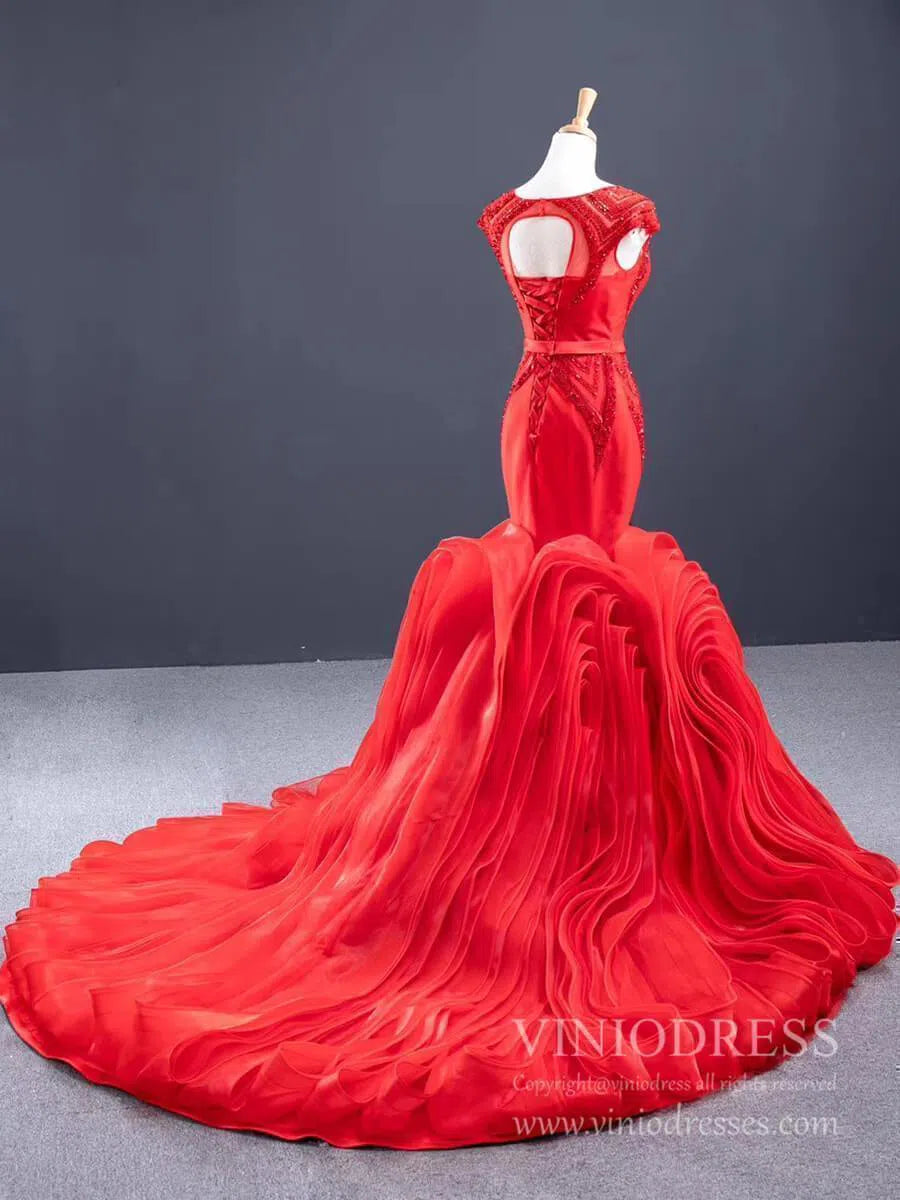 Beaded Red Mermaid Wedding Dresses Open Back Cap Sleeve Pageant Dress FD1160-prom dresses 2025 -Viniodress-Red-Custom Size-