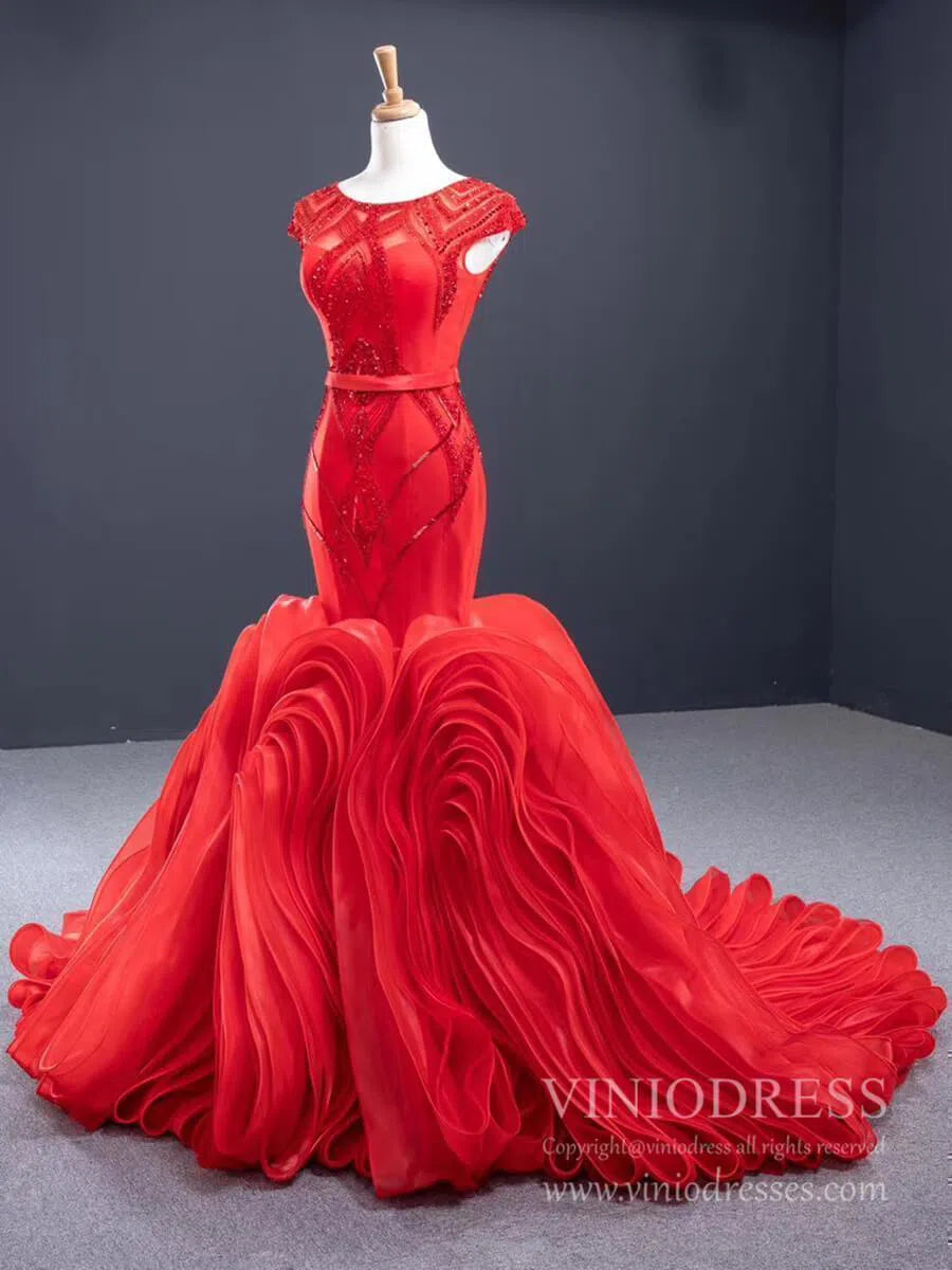 Beaded Red Mermaid Wedding Dresses Open Back Cap Sleeve Pageant Dress FD1160-prom dresses 2025 -Viniodress-Red-Custom Size-