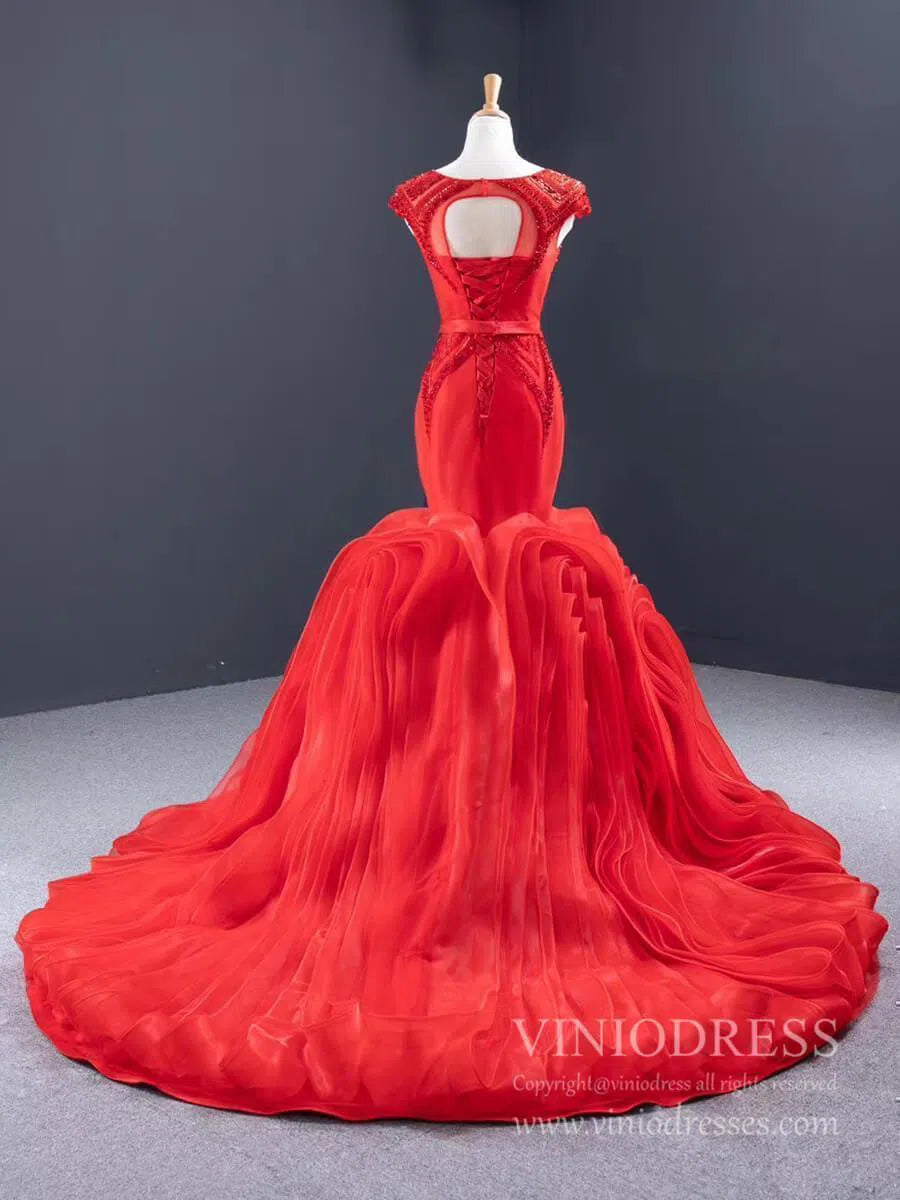 Beaded Red Mermaid Wedding Dresses Open Back Cap Sleeve Pageant Dress FD1160-prom dresses 2025 -Viniodress-Red-Custom Size-
