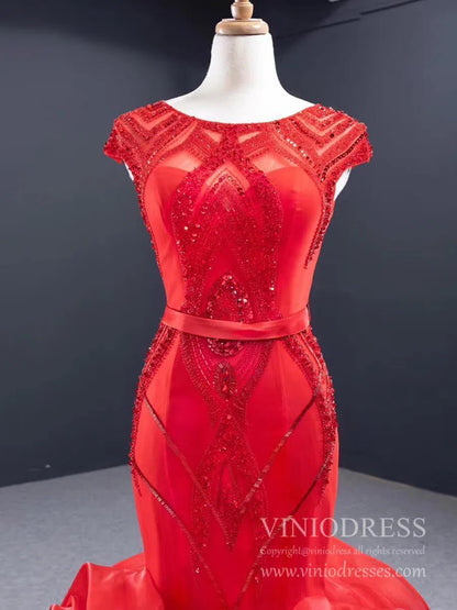 Beaded Red Mermaid Wedding Dresses Open Back Cap Sleeve Pageant Dress FD1160-prom dresses 2025 -Viniodress-Red-Custom Size-