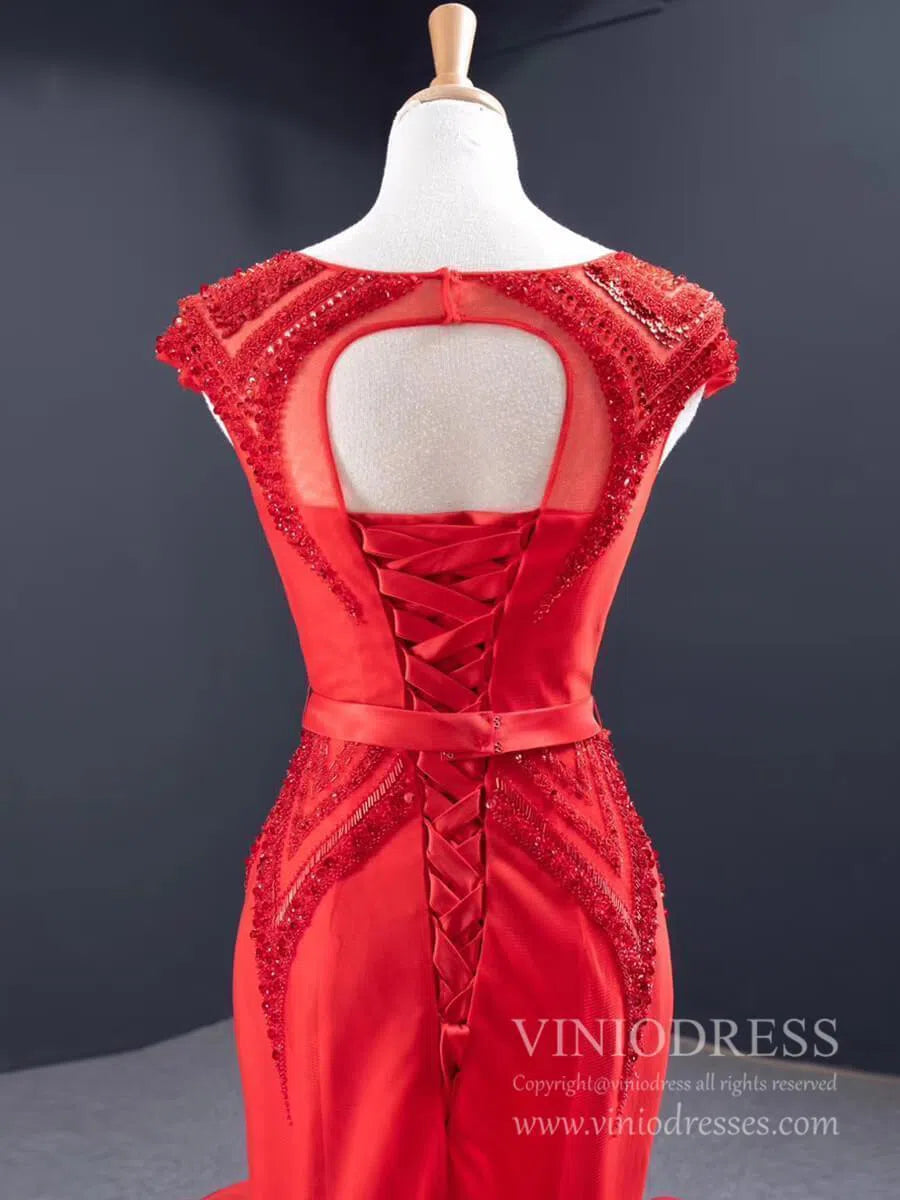 Beaded Red Mermaid Wedding Dresses Open Back Cap Sleeve Pageant Dress FD1160-prom dresses 2025 -Viniodress-Red-Custom Size-