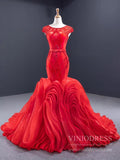 Beaded Red Mermaid Wedding Dresses Open Back Cap Sleeve Pageant Dress FD1160