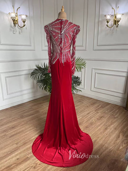Beaded Red Prom Dresses Sheath Long Sleeve Evening Dress 20072-Evening Dresses 2025 -Viniodress-Red-US 2-