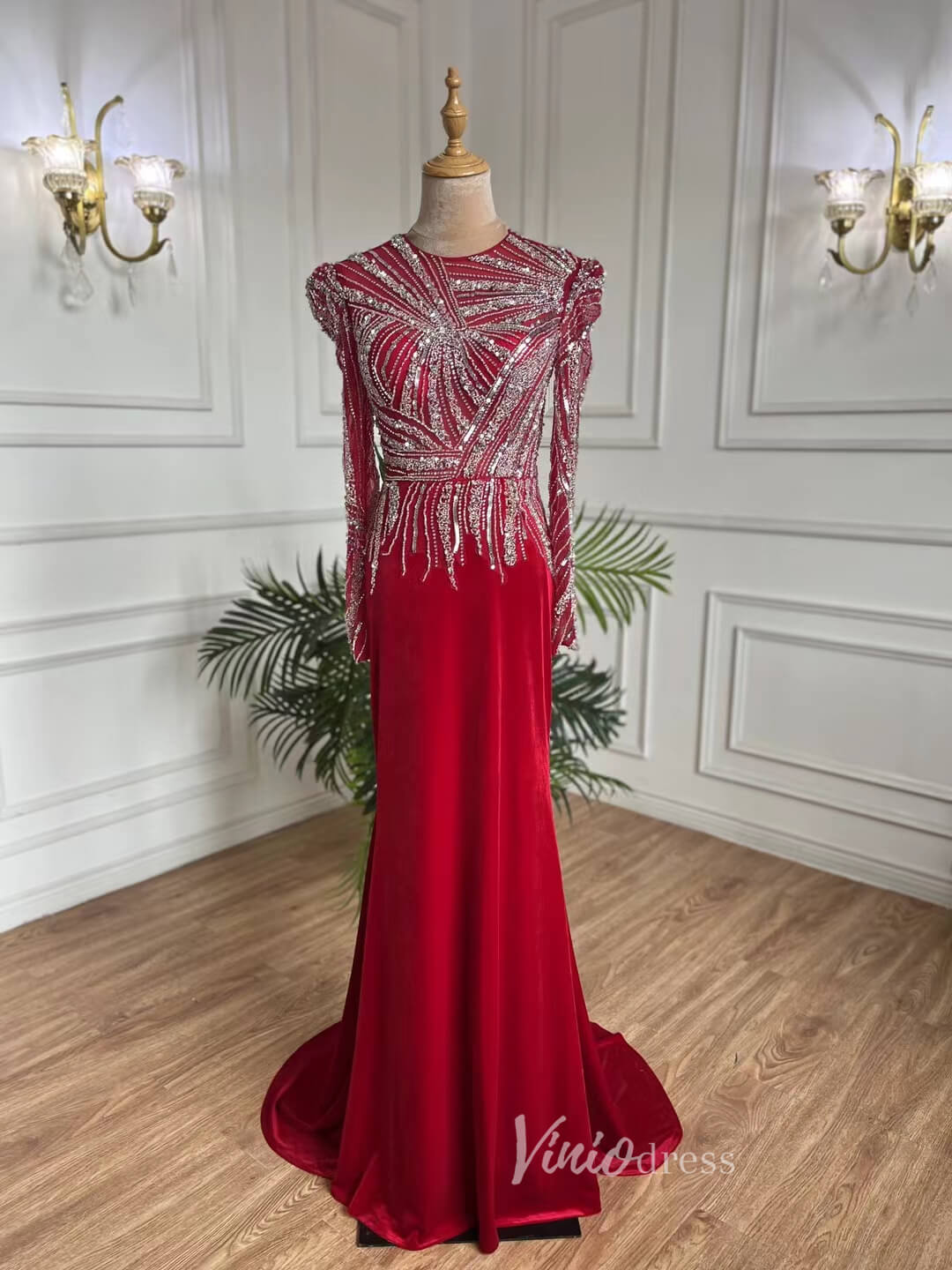 Beaded Red Prom Dresses Sheath Long Sleeve Evening Dress 20072-Evening Dresses 2025 -Viniodress-Red-US 2-
