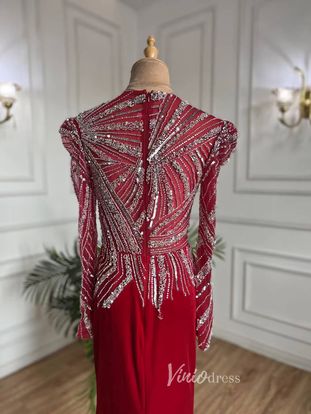 Beaded Red Prom Dresses Sheath Long Sleeve Evening Dress 20072-Evening Dresses 2025 -Viniodress-Red-US 2-