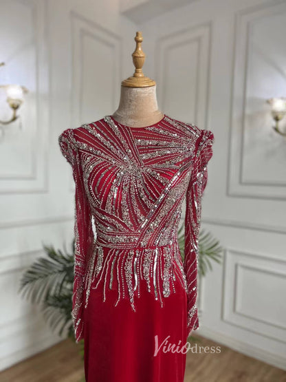 Beaded Red Prom Dresses Sheath Long Sleeve Evening Dress 20072-Evening Dresses 2025 -Viniodress-Red-US 2-