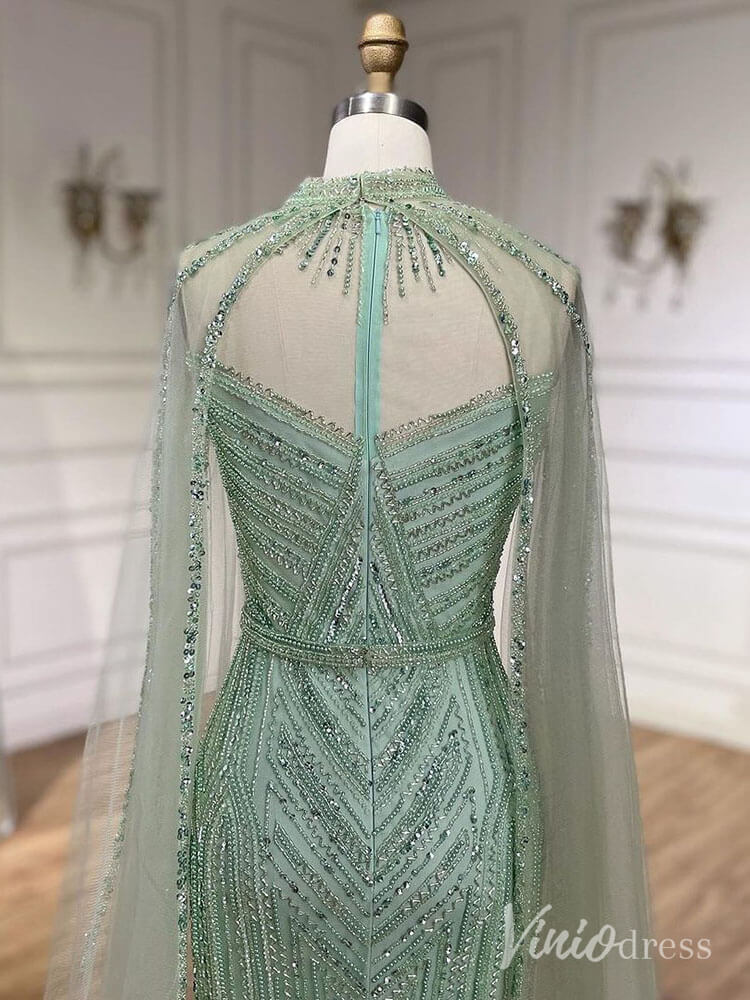 Beaded Removable Cape Sleeve Prom Dresses Mermaid High Neck Pageant Dress AD1253-Evening Dresses 2025 -Viniodress-Khaki-US 2-