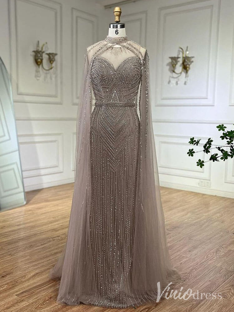 Beaded Removable Cape Sleeve Prom Dresses Mermaid High Neck Pageant Dress AD1253-Evening Dresses 2025 -Viniodress-Khaki-US 2-