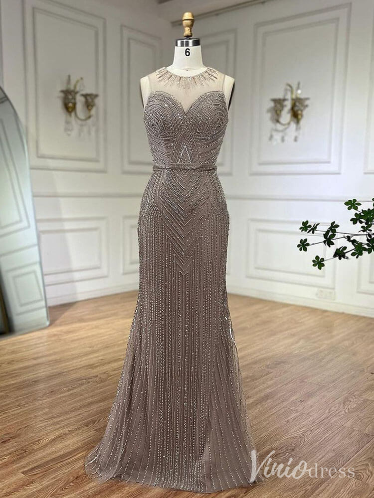Beaded Removable Cape Sleeve Prom Dresses Mermaid High Neck Pageant Dress AD1253-Evening Dresses 2025 -Viniodress-Khaki-US 2-