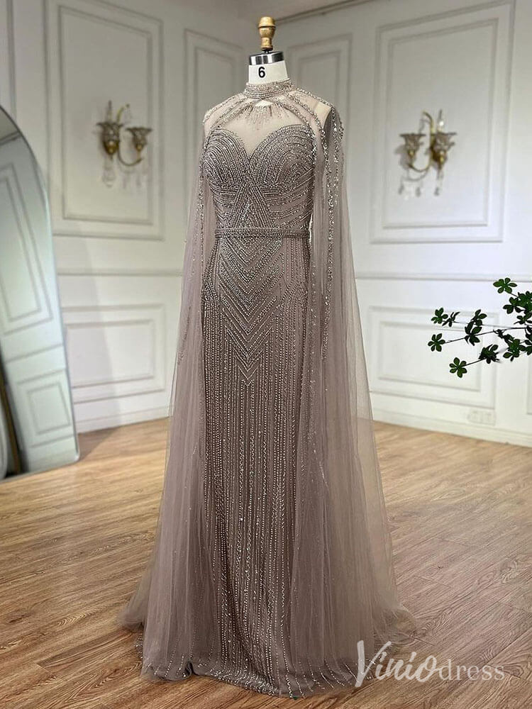 Beaded Removable Cape Sleeve Prom Dresses Mermaid High Neck Pageant Dress AD1253-Evening Dresses 2025 -Viniodress-Khaki-US 2-