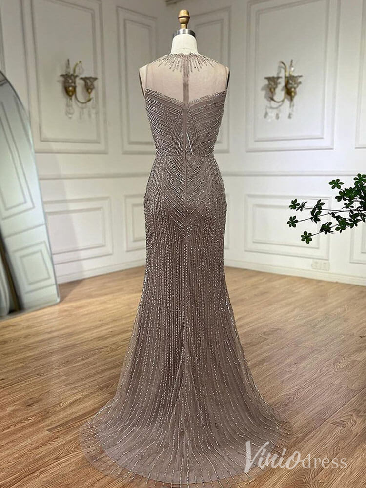 Beaded Removable Cape Sleeve Prom Dresses Mermaid High Neck Pageant Dress AD1253-Evening Dresses 2025 -Viniodress-Khaki-US 2-