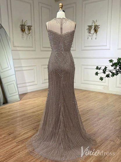 Beaded Removable Cape Sleeve Prom Dresses Mermaid High Neck Pageant Dress AD1253-Evening Dresses 2025 -Viniodress-Khaki-US 2-
