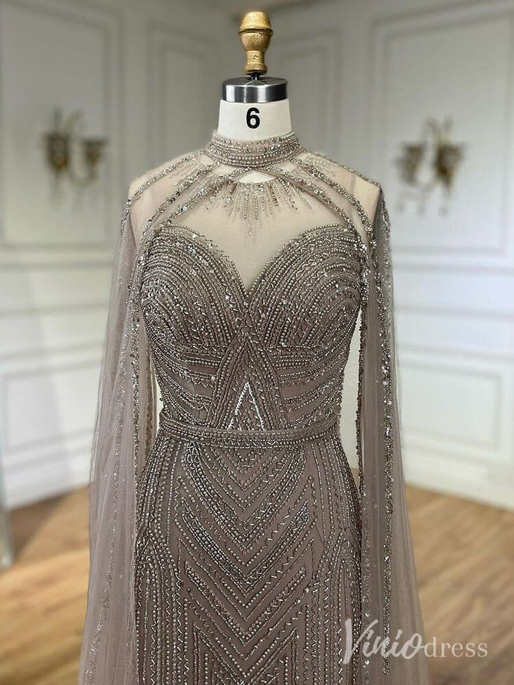 Beaded Removable Cape Sleeve Prom Dresses Mermaid High Neck Pageant Dress AD1253-Evening Dresses 2025 -Viniodress-Khaki-US 2-