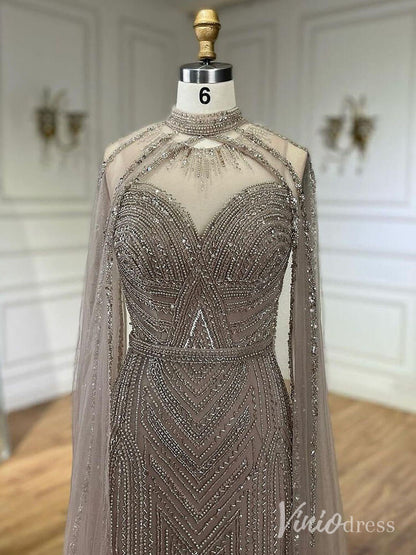 Beaded Removable Cape Sleeve Prom Dresses Mermaid High Neck Pageant Dress AD1253-Evening Dresses 2025 -Viniodress-Khaki-US 2-