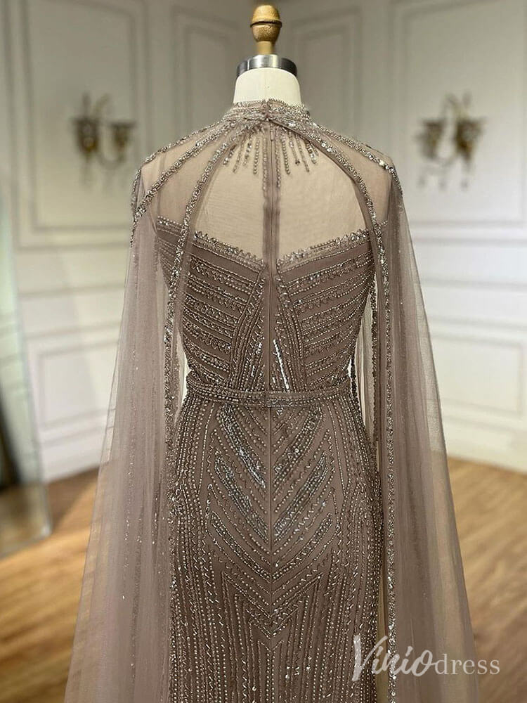 Beaded Removable Cape Sleeve Prom Dresses Mermaid High Neck Pageant Dress AD1253-Evening Dresses 2025 -Viniodress-Khaki-US 2-