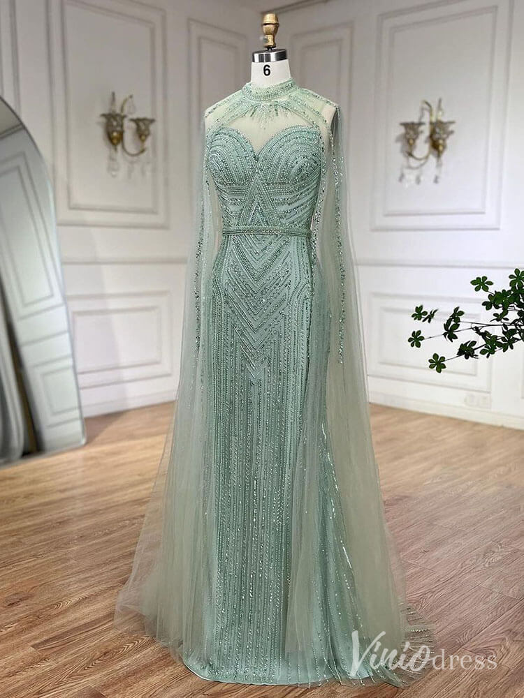 Beaded Removable Cape Sleeve Prom Dresses Mermaid High Neck Pageant Dress AD1253-Evening Dresses 2025 -Viniodress-Khaki-US 2-