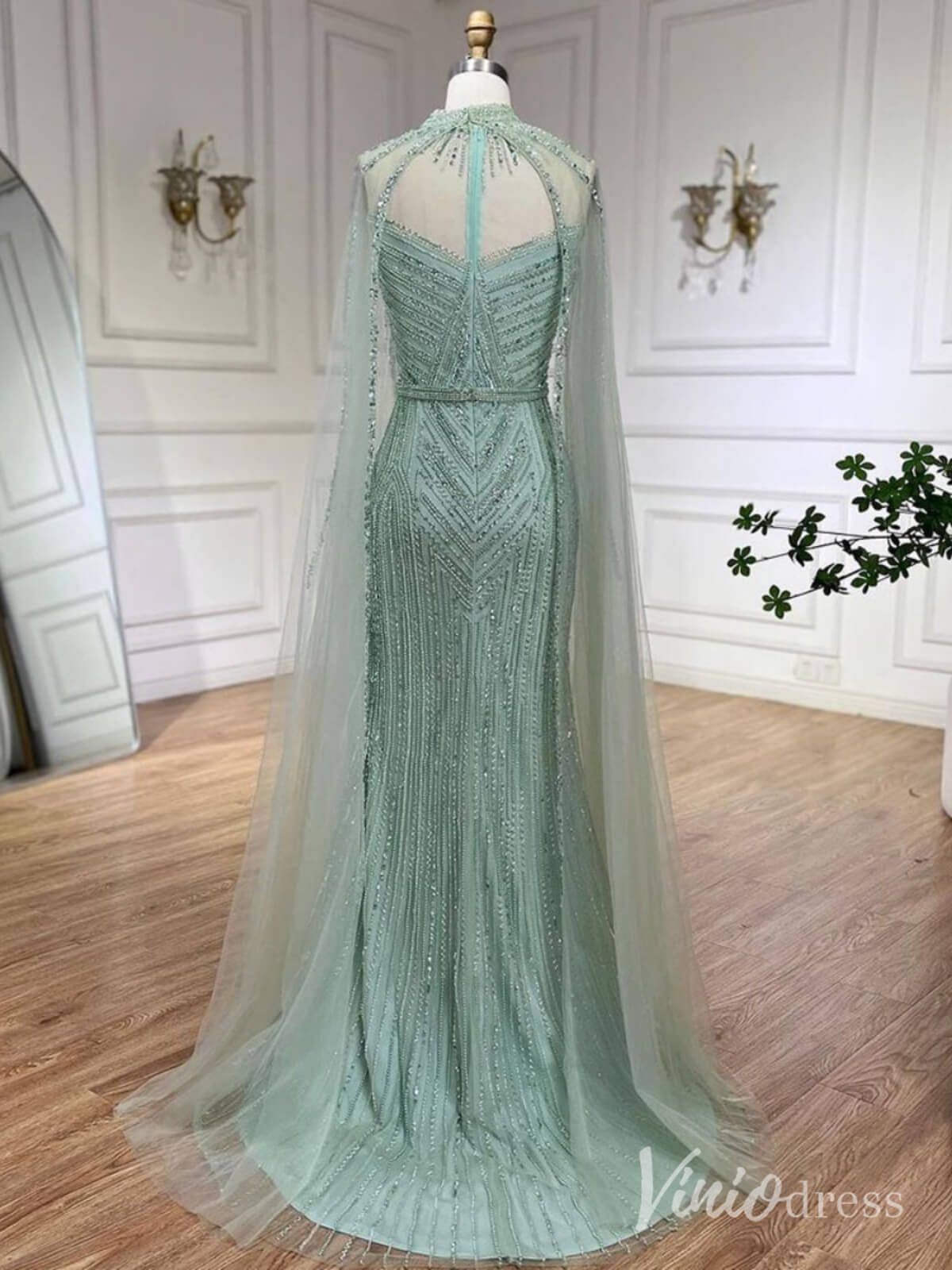 Beaded Removable Cape Sleeve Prom Dresses Mermaid High Neck Pageant Dress AD1253-Evening Dresses 2025 -Viniodress-Khaki-US 2-