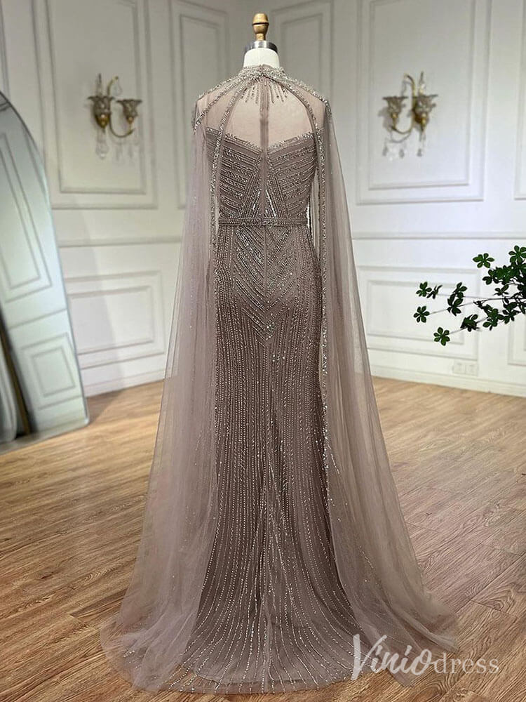 Beaded Removable Cape Sleeve Prom Dresses Mermaid High Neck Pageant Dress AD1253-Evening Dresses 2025 -Viniodress-Khaki-US 2-